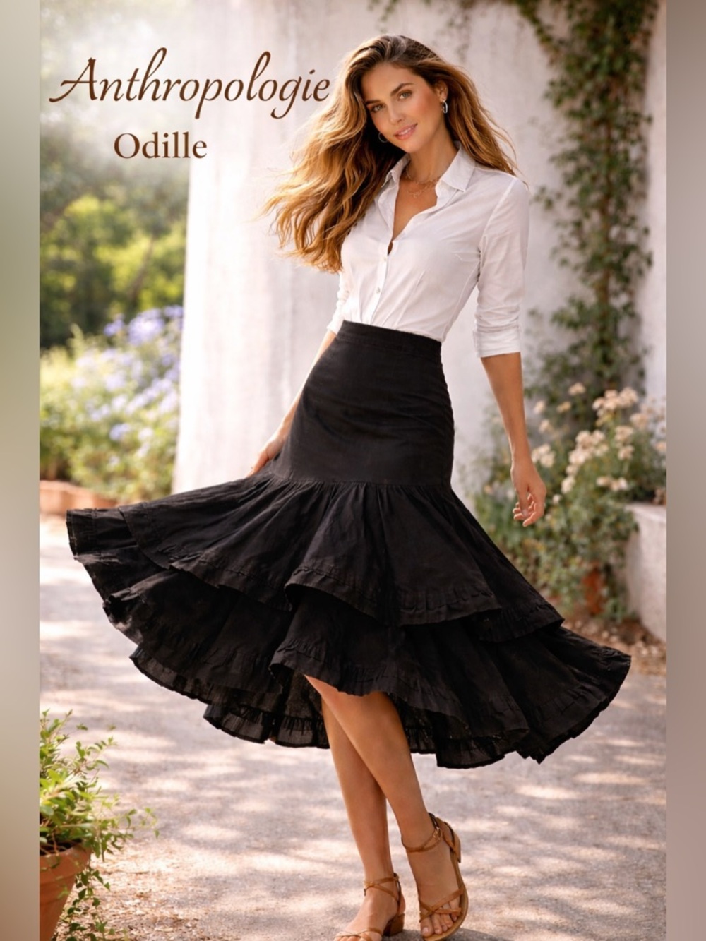 Odille Anthropologie Black Tiered Ruffle Midi Skirt Romantic Flamenco Size 8